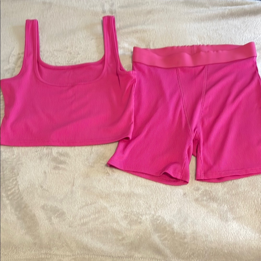Pink Ribbed Tank and Shorts Set